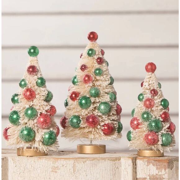 Bethany Lowe Christmas White Bottle Brush Trees with Red & Green Beads New Set 3